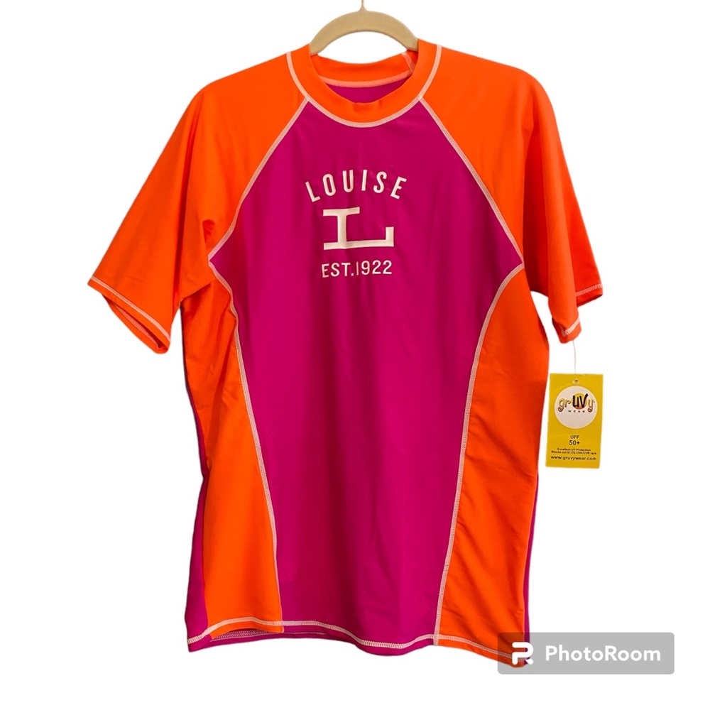 NWT GrUVy Wear UPF 50 Rash Guard Adult Orange Pink Short Sleeve Swim Shirt Sz XL